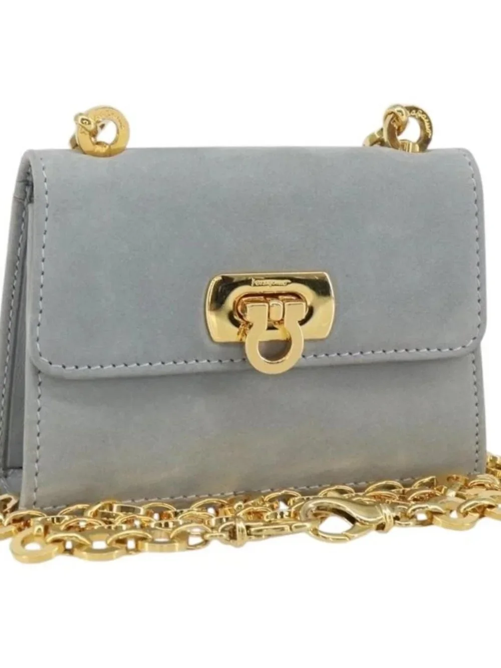 Salvatore Ferragamo Gancini Chain Shoulder Pouch Suede Gray Gold Auth 163100V